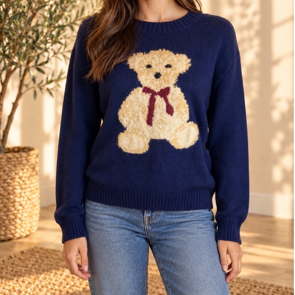 Jodifl Navy Blue Teddy Bear Graphic Sweater Small G14650 Crewneck Knit Pullover